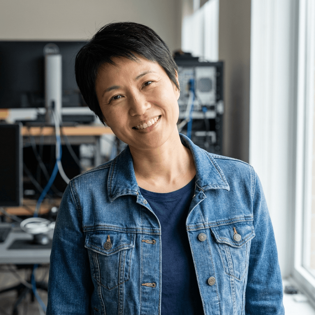Mei L. in a professional blouse in a bright setting