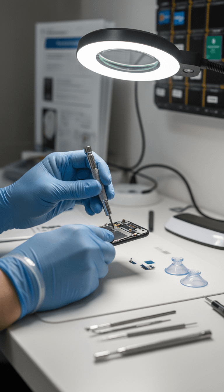 Technician repairing a smartphone screen on a clean workbench
