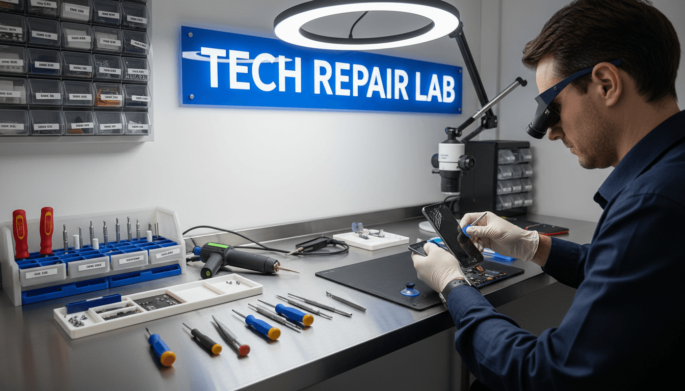 Technician repairing a smartphone screen