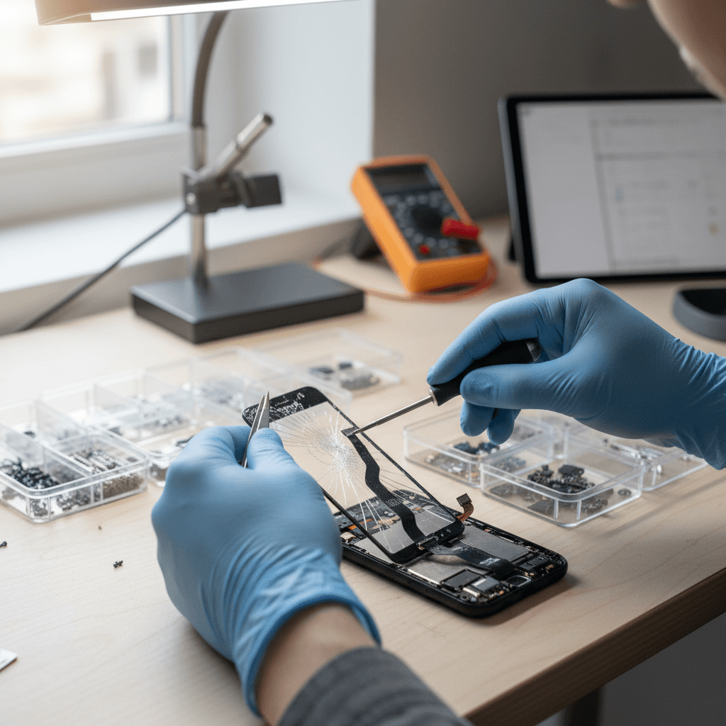Technician returning a repaired smartphone to a customer